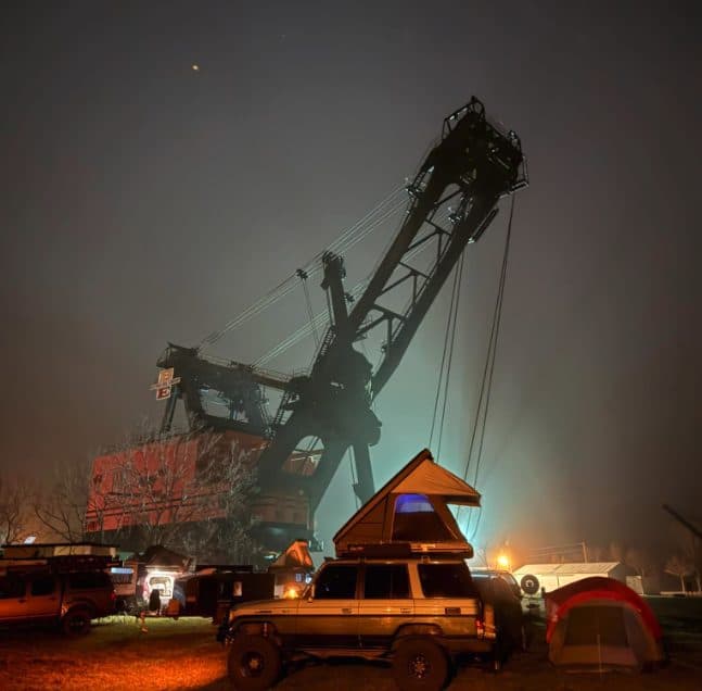 Big Brutus lit up after dark