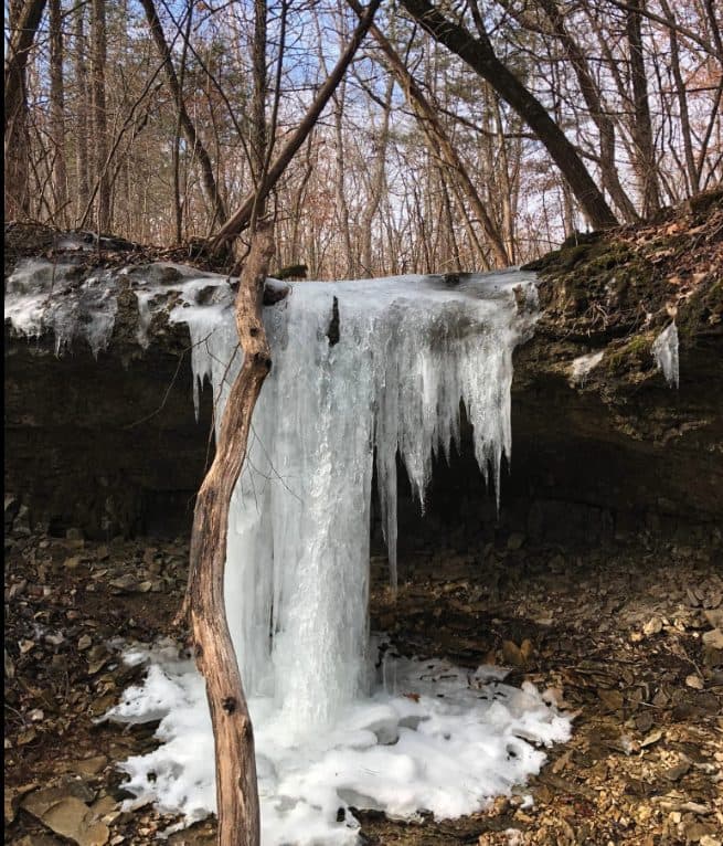 A frozen waterfall on the trail